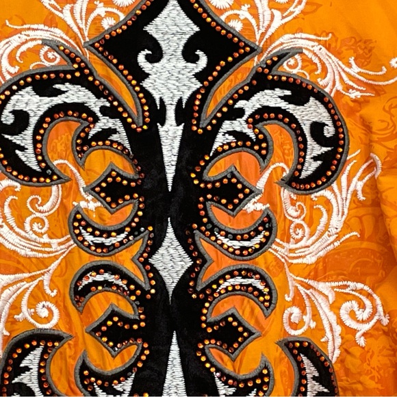 Victorious Mens Button Front Shirt Embroidered XL Fleur de Lis Orange Cotton - Picture 5 of 9